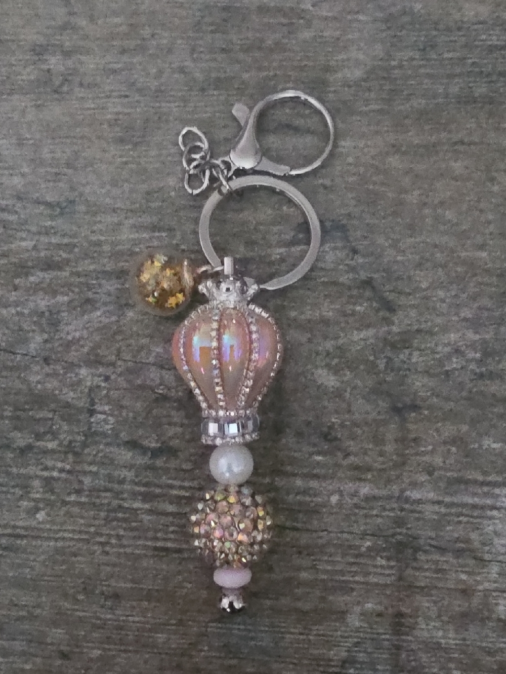 Iridescent Pink Glitter Crowned Hotair Balloon Keychain Charm Set. NWT